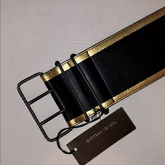 NWT BOTTEGA VENETA Black/Gold Wide Leather Belt - Picture 2 of 8